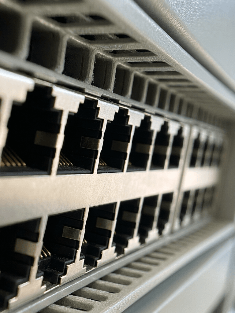Close-up of the network ports on a server switch
