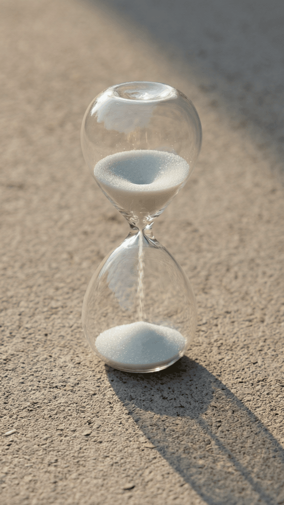 An hourglass with its sand running, casting a long shadow