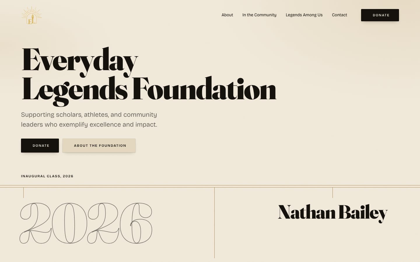 Everyday Legends Foundation homepage with its name and the inaugural class of 2026