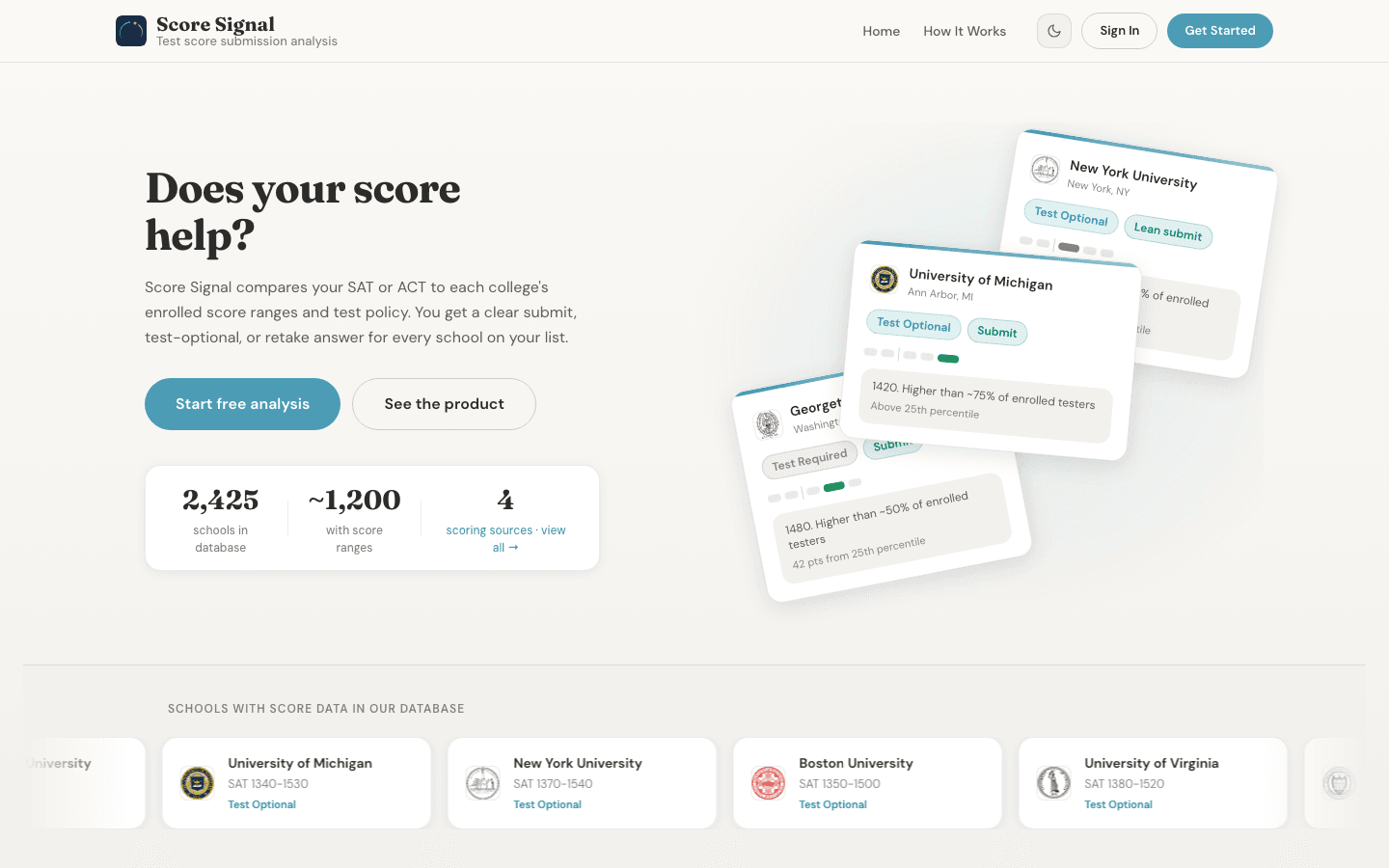Score Signal homepage asking "Does your score help?" with sample college cards