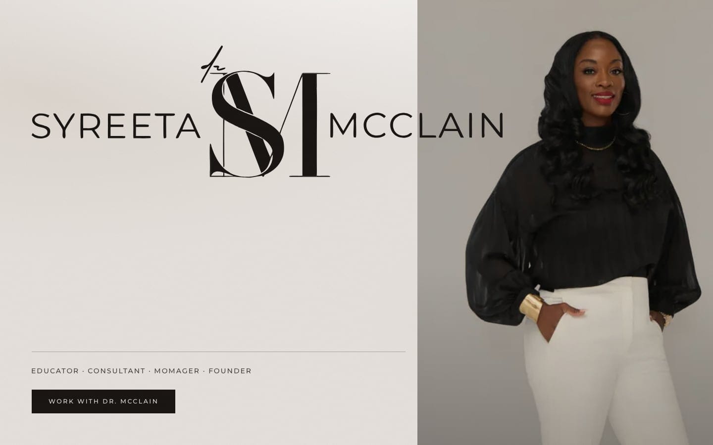 Dr. Syreeta McClain homepage with her monogram logo beside a portrait