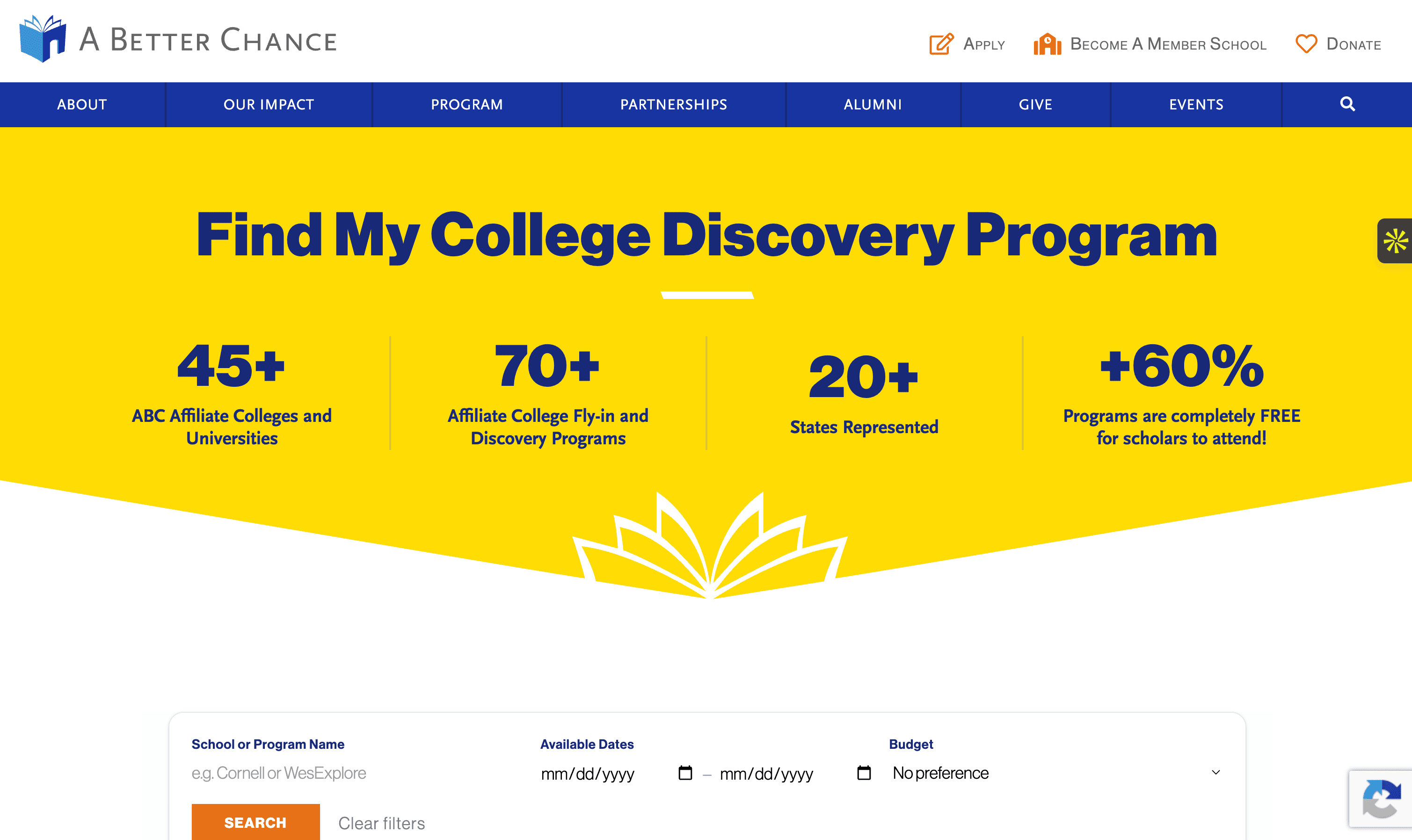 A Better Chance "Find My College Discovery Program" page with program counts and a search form