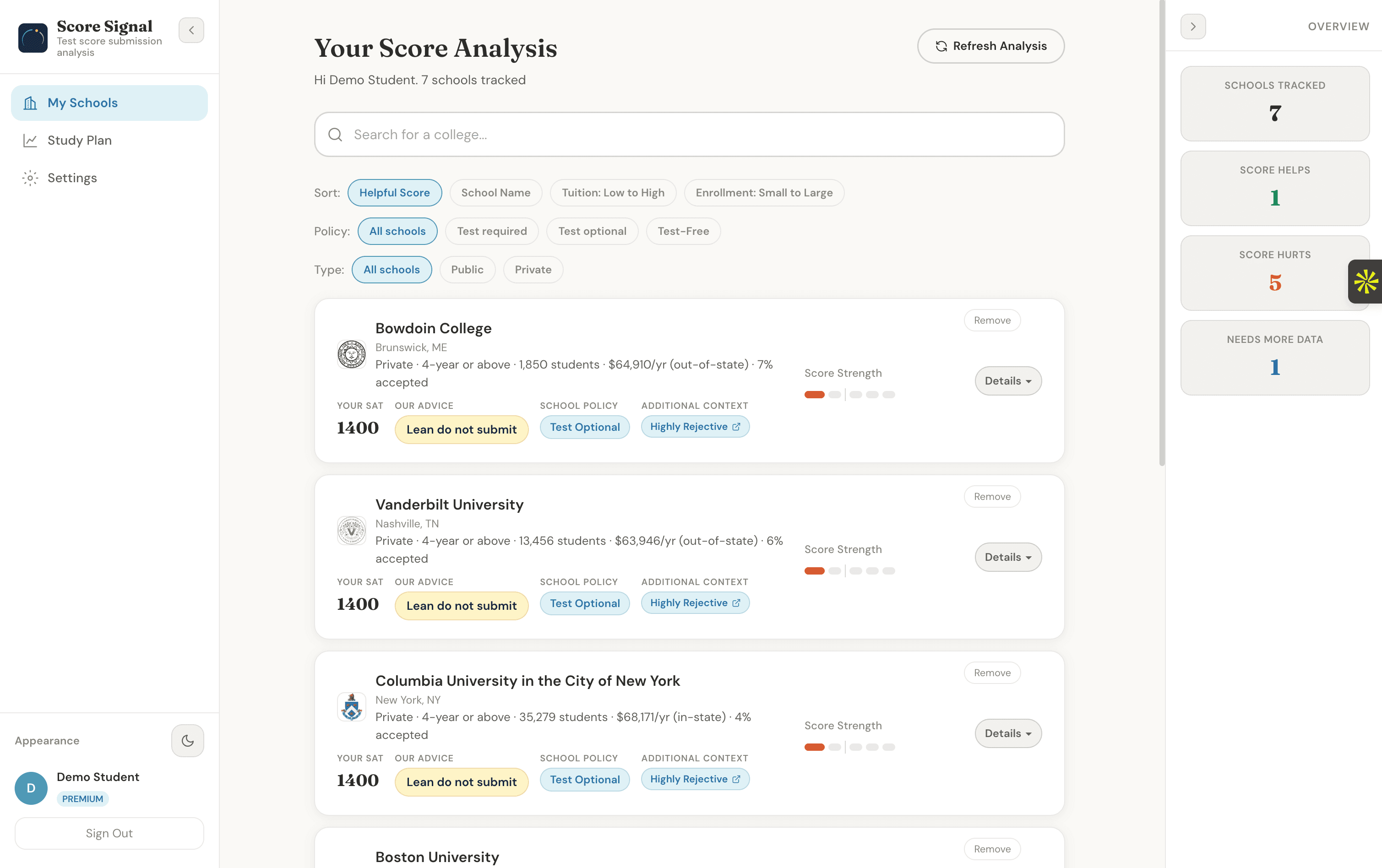 Score Signal dashboard rating a 1400 SAT against Bowdoin, Vanderbilt, and Columbia, with advice for each school