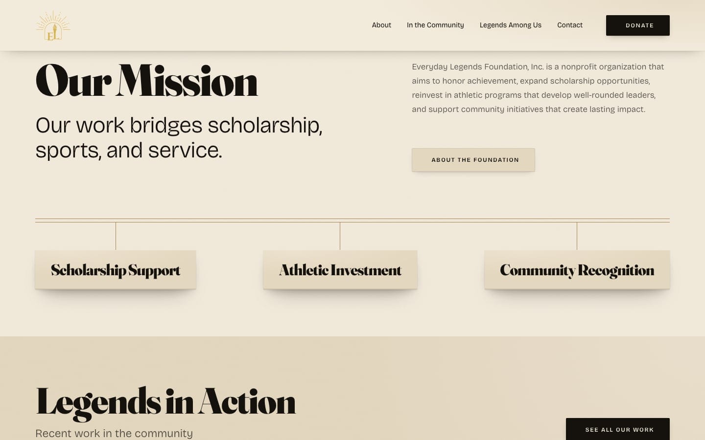 Everyday Legends Foundation mission section: scholarship support, athletic investment, and community recognition